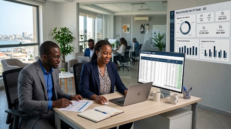 Two accounting professionals reviewing financial reports together in a modern office.